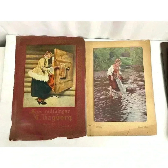 Antique 2 Swedish Print 1915 Lithograph Christmas Woman THE FORD Anders Zorn - Picture 1 of 11